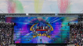 Performers on stage during the half-time show for the 2025 Club World Cup final in New Jersey