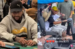 内马尔（左）在世界杯后现身拉斯维加斯世界扑克系列赛，也到奥兰多环球影城游玩。 （取自WSOP、网红娜塔莉亚Instagram）