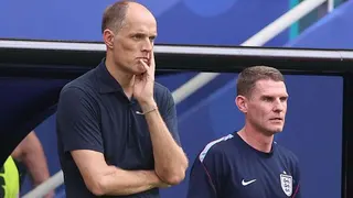 A picture of Thomas Tuchel and Anthony Barry stood together on the touchline of the England v Norway World Cup quarter-final