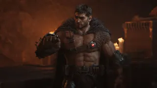 Doom: The Dark Ages - The Doom Slayer without his iconic armour, just a cape and leather, inspecting his right arm.