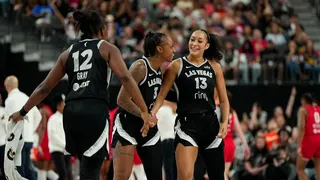 Las Vegas Aces players reacts on court