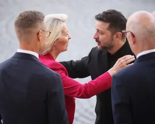 Ukraine’s president Volodymyr Zelenskyy and European Commission President Ursula von der Leyen arrive for the Bastille Day military parade on the Champs-Elysees avenue in Paris yesterday.