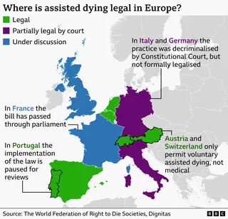 A graphic showing where assisted dying is legal in Europe
