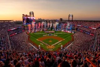 A general view at sunset during the national anthem prior to the MLB All-Star Game at Citizens Bank Park on Tuesday in Philadelphia.