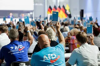 7月11日，在德国东部城市马格德堡举行的极右翼政党德国另类选择党（AfD）州代表大会上，代表们举起投票卡。（图取自法新社）