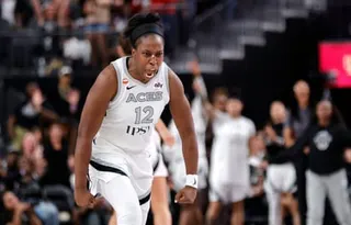 Las Vegas Aces guard Chelsea Gray reacts after making a basket to send the game into overtime earlier this month against the Chicago Sky.