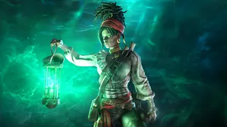 Key art of a Path of Exile Curse of the Allflame. A woman holds a lantern that glows green with a watery background.