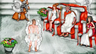 Odysseus surrounded by mist in front of a king