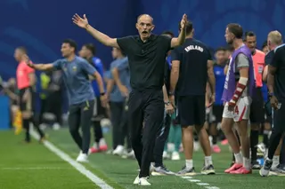 England's German head coach Thomas Tuchel gestures from the techincal area during the 2026 World Cup football tournament semi-final match between England and Argentina at the Atlanta Stadium in Atlanta on July 15, 2026.