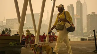 Orange haze in the New York city sky as a woman walks her dog