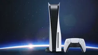 A PlayStation 5 console sits next to a DualSense controller, against a starry sky background.