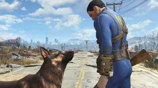 The wanderer and Dogmeat on the road in Fallout 4.