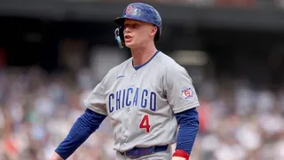CHICAGO, ILLINOIS - MAY 17: Pete Crow-Armstrong #4 of the Chicago Cubs reacts after getting hit by a pitch in the eighth inning against the Chicago White Sox at Rate Field on May 17, 2026 in Chicago, Illinois. (Photo by Michael Hirschuber/Getty Images)