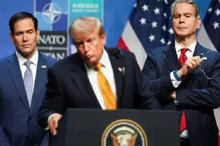 US Secretary of State Marco Rubio (far left) and Treasury Secretary Scott Bessent listening as President Donald Trump (centre) speaks to the media on the sidelines of a Nato summit in Ankara, July 8, 2026.