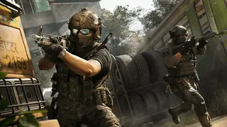 Modern Warfare 4: Key art showing two soldiers, weapons at the ready, walking around a corner in an open garage area.