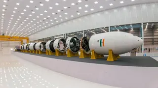 Skyroot Aerospace's Vikram-1 rocket inside the company's Infinity Campus in Hyderabad, India