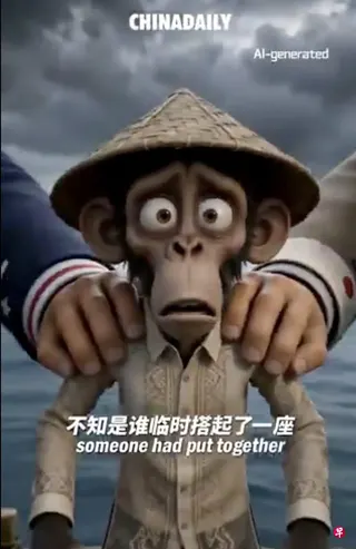 中国官媒《中国日报》7月10日上传一段由人工智能（AI）生成的视频，因片中出现一只身穿菲律宾传统服饰的猴子，引发马尼拉抗议，斥责该视频将菲律宾人丑化为猴子，充斥浓厚的种族歧视色彩。 （《中国日报》X视频截图）