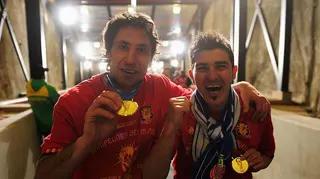 Former Spain internationals Joan Capdevila (left) and David Villa celebrate their World Cup triumph in 2010