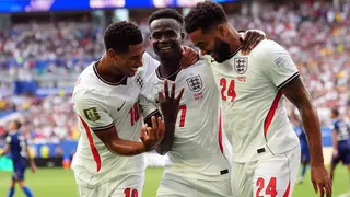 Bukayo Saka celebrates