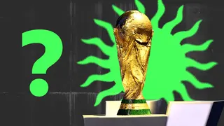 A photo of the World Cup trophy and a green question mark overlayed onto the picture