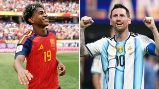 A split image of Spain's Lamine Yamal and Argentina's Lionel Messi celebrating in their team kits