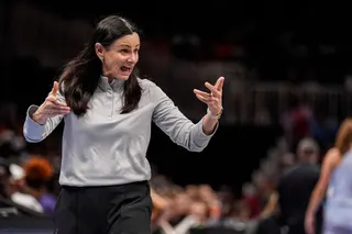 Jun 22, 2026; Atlanta, Georgia, USA; Toronto Tempo head coach Sandy Brondello reacts on the sideline during the game against the Atlanta Dream during the second half at State Farm Arena. Mandatory Credit: Dale Zanine-Imagn Images