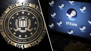 The seal of the FBI; A laptop showing the Steam logo.