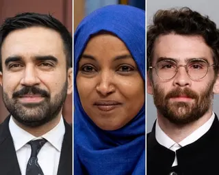 Three formal headshots side by side: Zohran Mamdani, Ilhan Omar wearing a blue hijab, and Hasan Piker with glasses