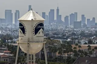 The Paramount logo displayed on a water tower at Paramount Studios in Los Angeles, California. Photo: Getty Images via AFP