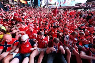 Norway fans performing the “Viking Row” at Times Square in New York on July 3.