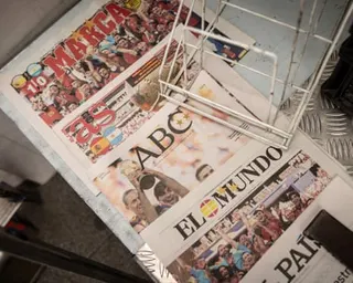 Front pages of Spanish newspapers at a Madrid stand after the national side’s World Cup victory