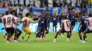 Sidny Lopes Cabral of Cape Verde celebrates with teammates after scoring the team's second goal against Argentina