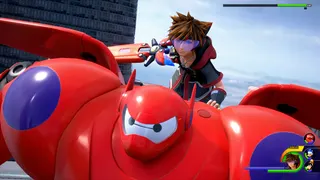 Sora rides a robot.
