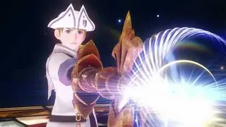 The protagonist of Kingdom Hearts Missing Link holds out a glowing sword