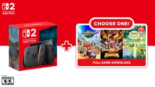 A graphic showing a Switch 2 with a choice of Mario Kart World, Donkey Kong Bananza, or Pokemon Pokopia