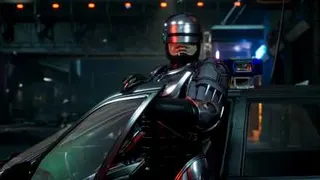 RoboCop exits a car with a city street stretching out behind him
