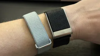 The Fitbit Air on the left; Whoop 5.0/MG on the right.