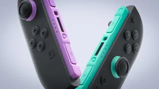 A product shot of two Joy-Con 2 controllers for Switch 2, as seen very close-up. One has what's called Light Green trimming, and one has Light Purple. Though if you ask us, they're closer to turquoise and lavender.