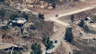 Israeli tanks operate on a road in southern Lebanon, pictured on June 27, 2026.