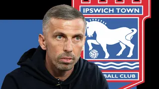 A graphic of Gary O'Neil in front of a blue and black background and the Ipswich club badge