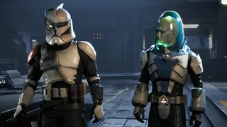 Key art for Star Wars Zero Company showing Clone commando Trick and Umbaran sniper Luco Bronc walking side by side towards the camera.