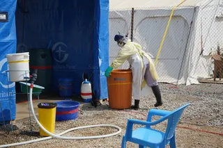 A health worker at an Ebola treatment centre in Bunia, Congo, on Monday. Photo: AP