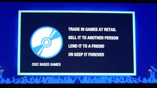 A screen that reads: trade in games at retail, sell it to another person, lend it to a friend, or keep it forever. Disc-based games.
