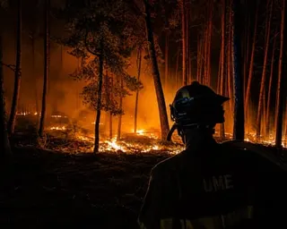 A night shot of a firefighter with their back to their camera looking at burning trees