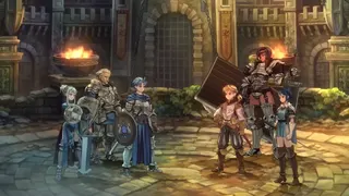 A group of anime-esque medieval soldiers stand in front of castle walls.