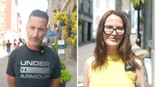 A split screen of a man wearing an under armour t-shirt on the left and a woman wearing a yellow vest on the right
