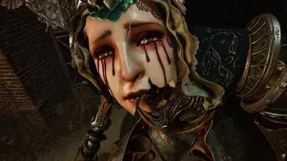 Crisol trailer still - lady robot lady crying blood, about to kick your ass
