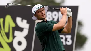 Martin Kaymer hits a tee shot on the fourth hole during the LIV Golf Virginia tournament.
