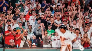 Boston Red Sox fans cheer in the stands in Boston.