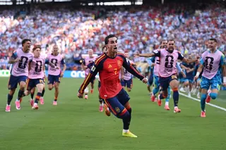 Ferran Torres (centre) celebrates scoring Spain’s winning goal during the World Cup final against Argentina. Photo: Getty Images
